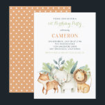 Watercolor Safari Friends Kids Birthday Party Invitation<br><div class="desc">Watercolor Safari Friends Kids Birthday Party Invitation. Customisable birthday party invitation featuring watercolor illustrations of a baby elephant,  a baby lion and a baby tiger with greenery accents. This invitation is fully customisable for any event. Matching items are available.</div>