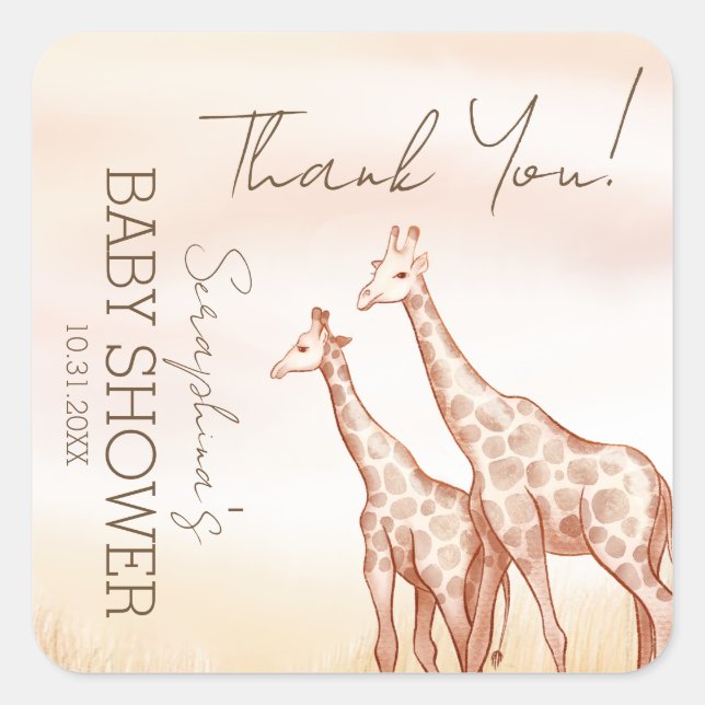 Watercolor Safari Giraffe Baby Shower Thank You Square Sticker (Front)