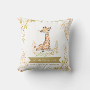 Watercolor Safari Giraffe Green Nursery Birth Stat Cushion