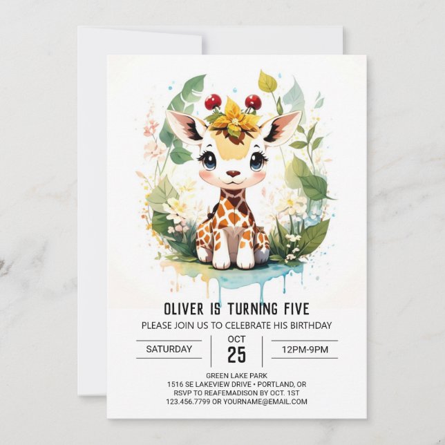 Watercolor Safari Journey Giraffe Birthday Invitation (Front)