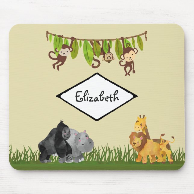 Watercolor Safari Jungle Animal Illustration Mouse Mat (Front)