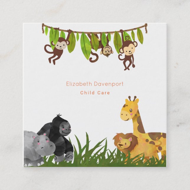 Watercolor Safari Jungle Animal Illustration Square Business Card (Front)