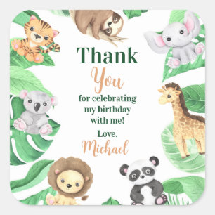 Watercolor Safari Jungle Animals Birthday Thank Square Sticker