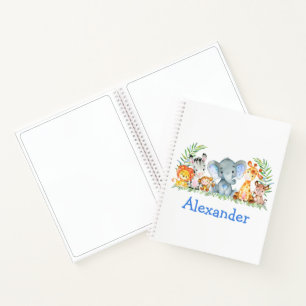 Watercolor Safari Jungle Animals Blue Drawing Notebook
