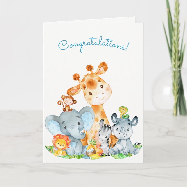 Watercolor Safari Jungle Animals Congratulations Card (Front)