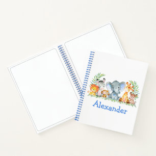 Watercolor Safari Jungle Animals Drawing Blue Notebook