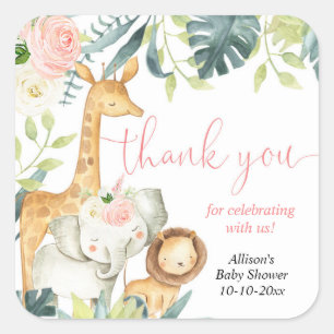 Watercolor safari jungle animals girl baby shower square sticker