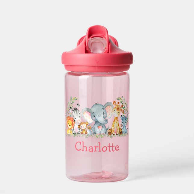 Watercolor Safari Jungle Baby Animals Pink Name Water Bottle (Front)