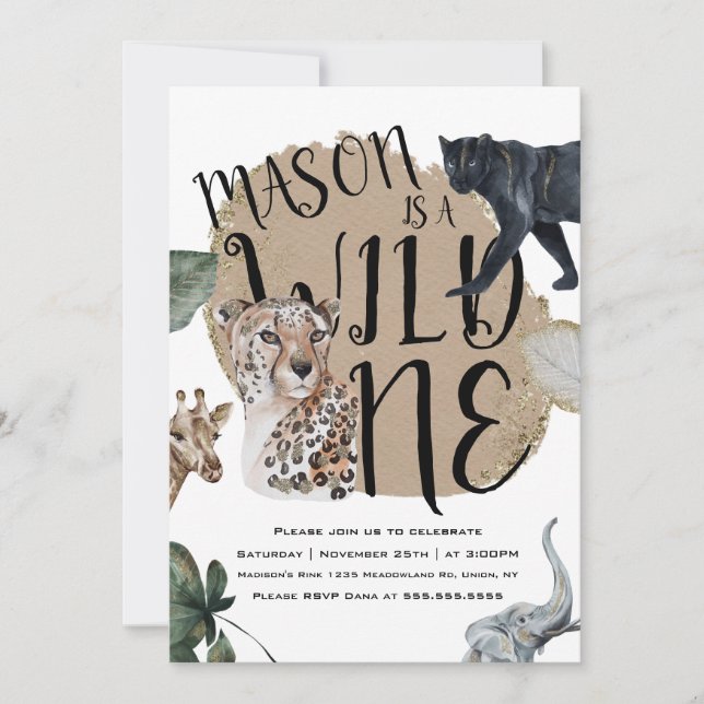 Watercolor Safari Wild One Animal Birthday Party Invitation (Front)