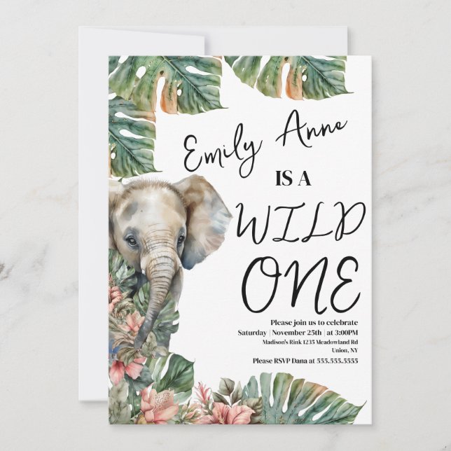 Watercolor Safari Wild One Baby Elephant Birthday Invitation (Front)
