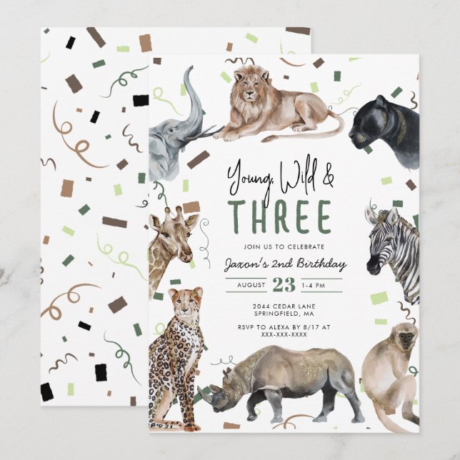 Watercolor Safari Young Wild & Three Birthday Invitation (Front/Back)