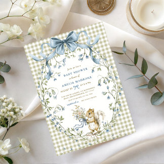Watercolor Sage Gingham Squirrel Baby Shower Invitation