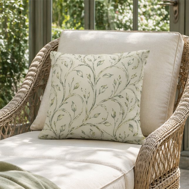 Watercolor Sage Green Botanical Leaf Pattern Cushion (Creator Uploaded)