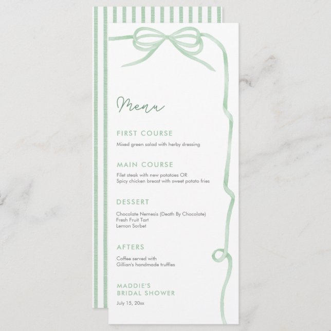 Watercolor Sage Green Bow Bridal Shower Individual Menu (Front/Back)