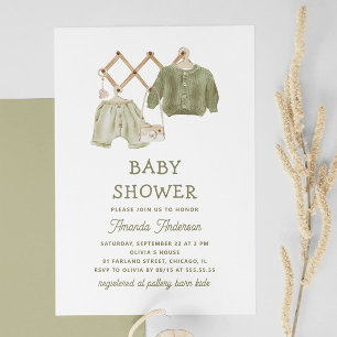 Watercolor Sage Green Clothes. Neutral Baby Shower Invitation