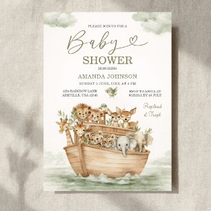 Watercolor Sage Green Cute Noah's Ark Baby Shower Invitation