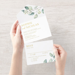Watercolor Sage Green Eucalyptus Leaves Wedding All In One Invitation