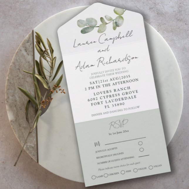 Watercolor Sage Green Eucalyptus Wedding All In One Invitation (Creator Uploaded)