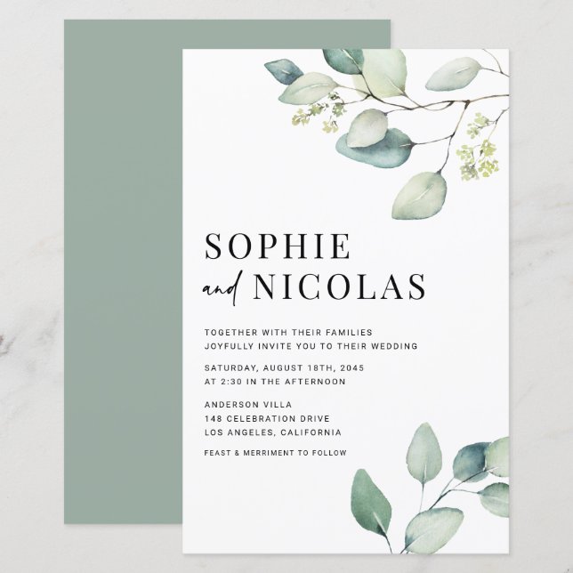 Watercolor Sage Green Eucalyptus Wedding Invite (Front/Back)