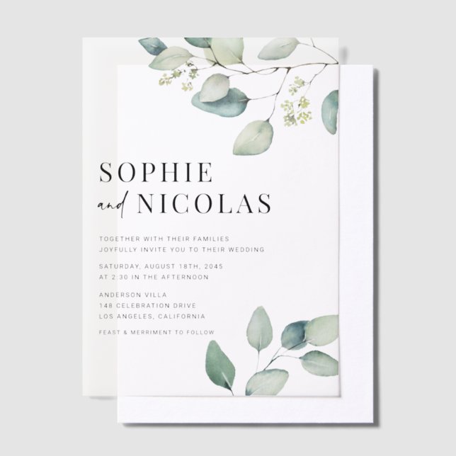 Watercolor Sage Green Eucalyptus Wedding Vellum Invitations (Offset)