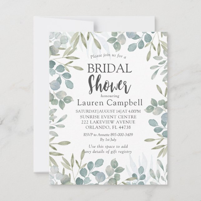Watercolor Sage Green Foliage Bridal Shower Invitation (Front)