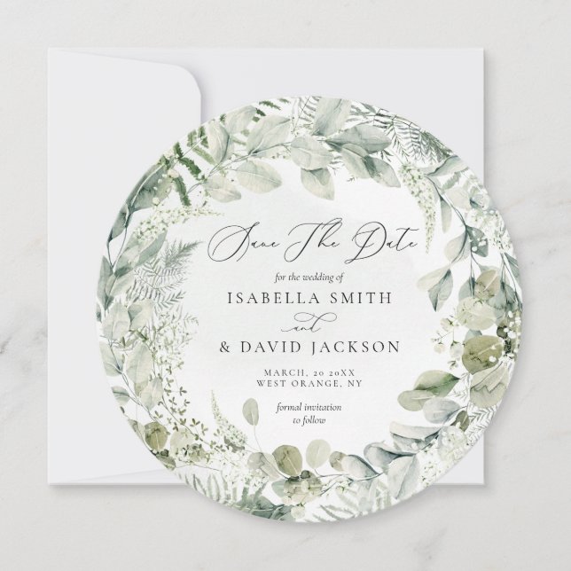 Watercolor Sage Green Foliage Eucalyptus Circle Save The Date (Front)