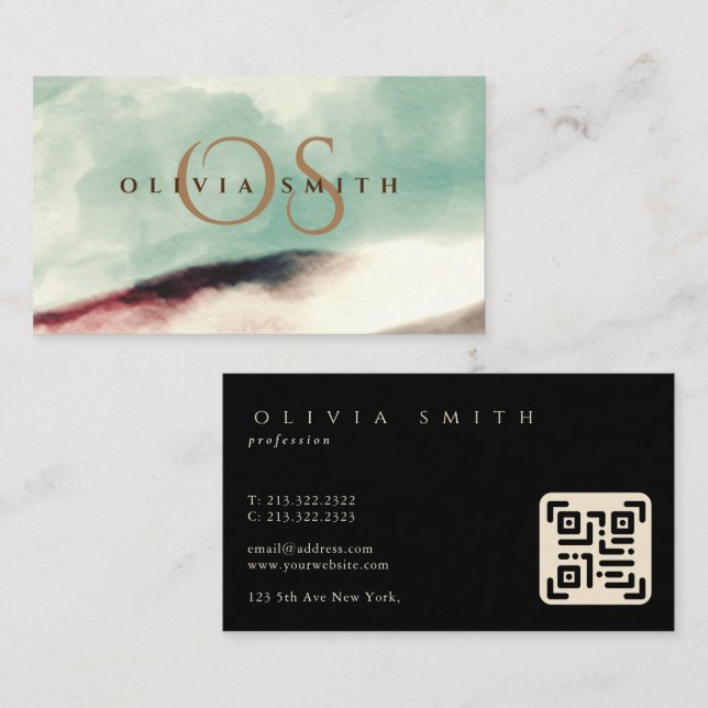 Watercolor Sage Green Landscape Monogrammed Business Card (Front/Back)