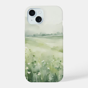 Watercolor Sage Green Meadow Landscape iPhone 15 Case
