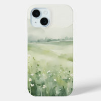 Watercolor Sage Green Meadow Landscape iPhone 15