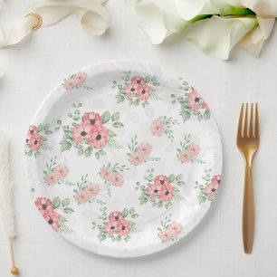 Watercolor Sage Green & Pink Floral Party Paper Plate