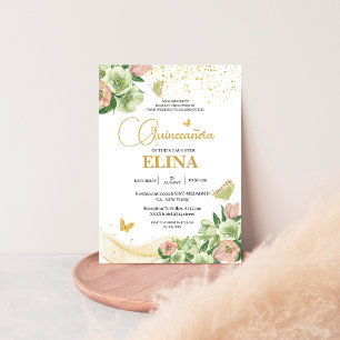 Watercolor sage green pink floral Quinceañera Invitation