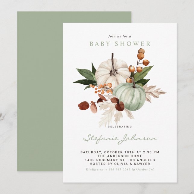 Watercolor Sage Green Pumpkins Fall Baby Shower Invitation (Front/Back)