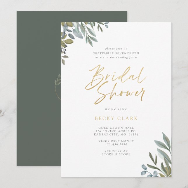 Watercolor Sage Greenery & Leaves Bridal Shower Invitation (Front/Back)