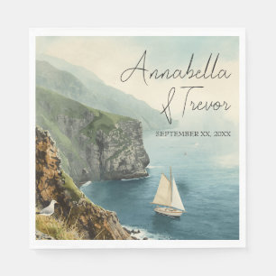 Watercolor Sailboat and Coastal Cliffs Custom Name Napkin