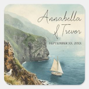Watercolor Sailboat and Coastal Cliffs Custom Name Square Sticker