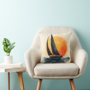 Watercolor Sailboat at Sunset Cushion