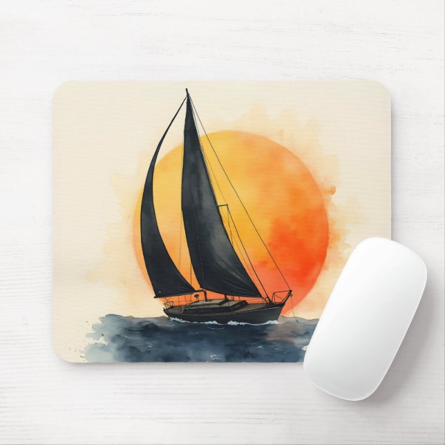 Watercolor Sailboat at Sunset Mouse Mat (With Mouse)