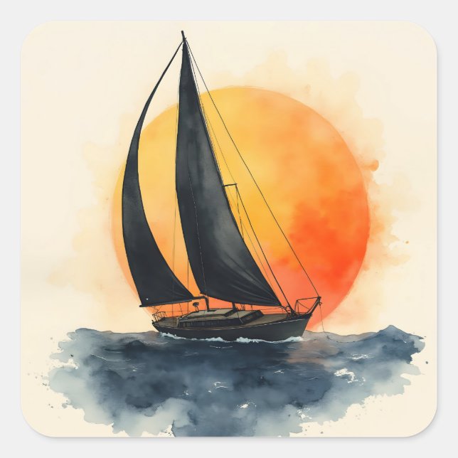 Watercolor Sailboat at Sunset Square Sticker (Front)