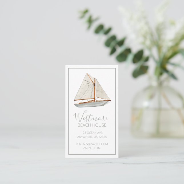 Watercolor Sailboat Beach House Business Card (Standing Front)