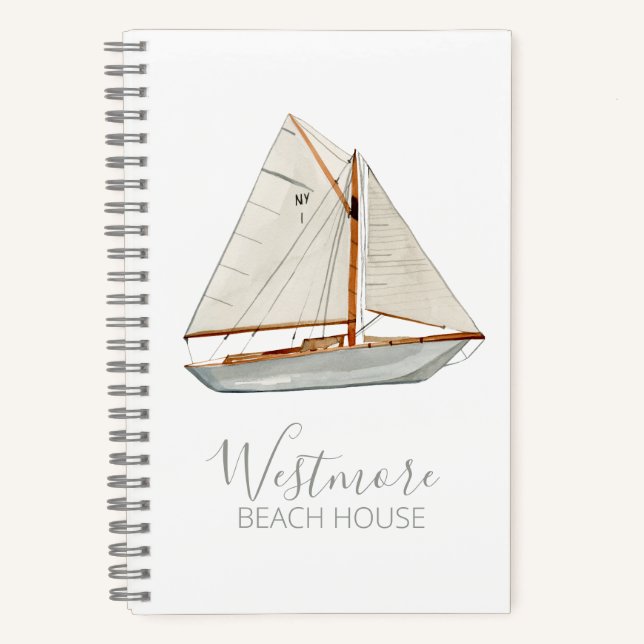 Watercolor Sailboat Beach House Notebook (Front)