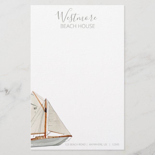 Watercolor Sailboat Beach House Stationery (Front)