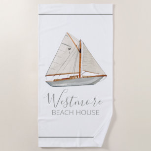 Watercolor Sailboat Beach House Towel