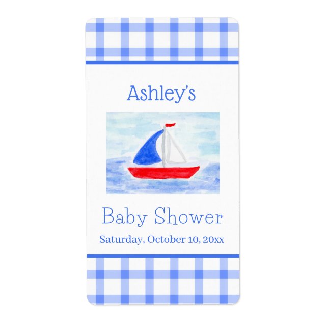 Watercolor Sailboat Blue Check Baby Shower (Front)