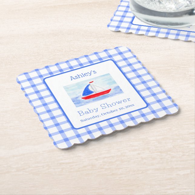 Watercolor Sailboat Blue Check Baby Shower Paper Coaster (Angled)