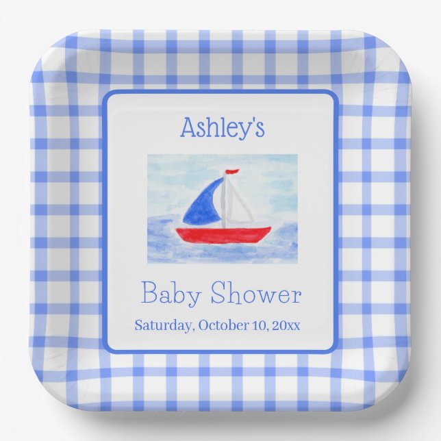 Watercolor Sailboat Blue Check Baby Shower Paper Plate (Front)