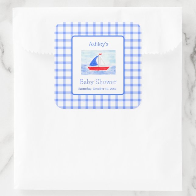Watercolor Sailboat Blue Check Baby Shower Square Sticker (Bag)