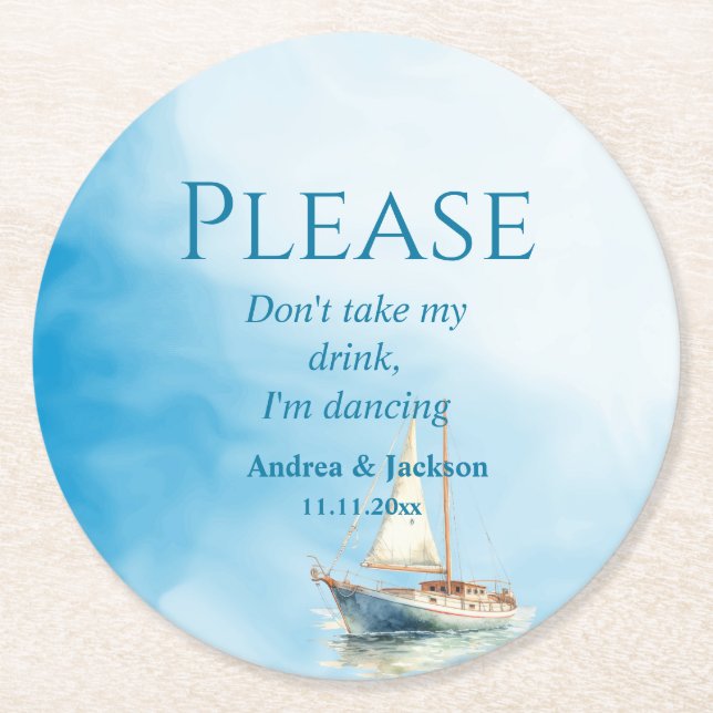 Watercolor Sailboat I'm Dancing Round Paper Coaster (Front)