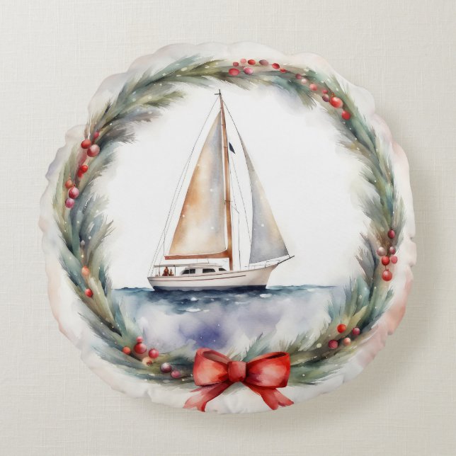 Watercolor Sailboat In Christmas Wreath Round Cushion (Front)