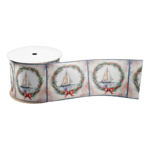 Watercolor Sailboat In Christmas Wreath Satin Ribbon