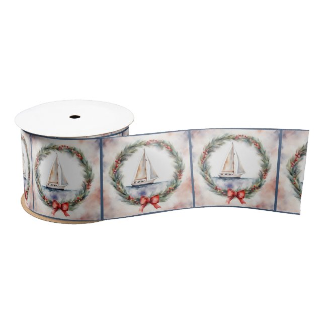 Watercolor Sailboat In Christmas Wreath Satin Ribbon (Spool)
